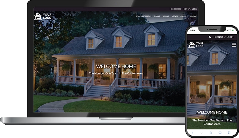 Sierra team theme &mdash; a real estate team homepage on laptop and phone with a covered-porch home hero and Welcome Home headline.