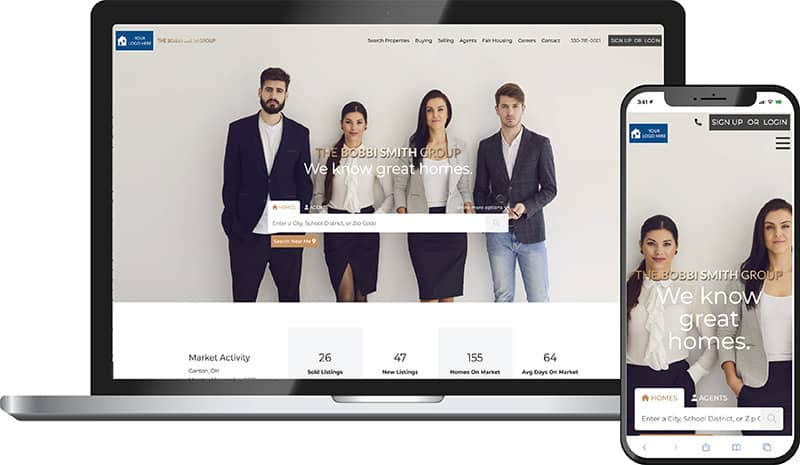 Vantage team theme &mdash; a real estate team homepage on laptop and phone with a team photo hero and We know great homes headline.