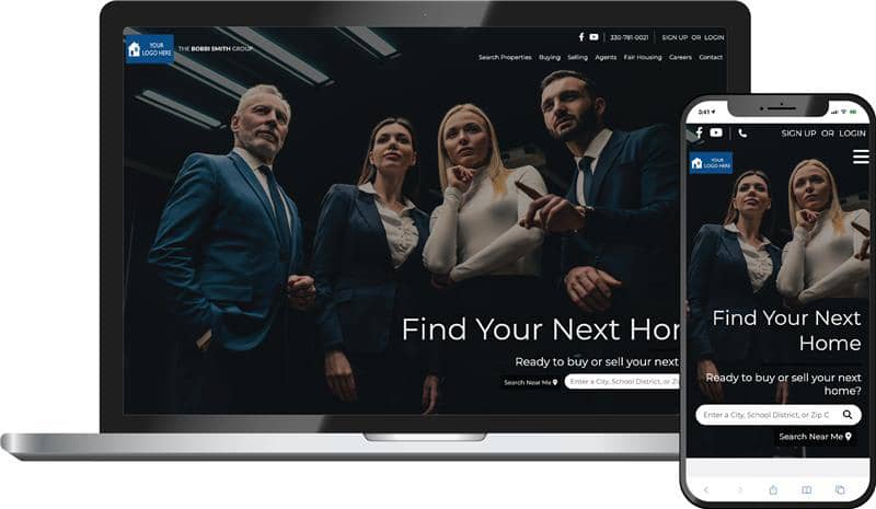Harbor team theme &mdash; a real estate team homepage on laptop and phone with a dark team photo hero and Find Your Next Home headline.