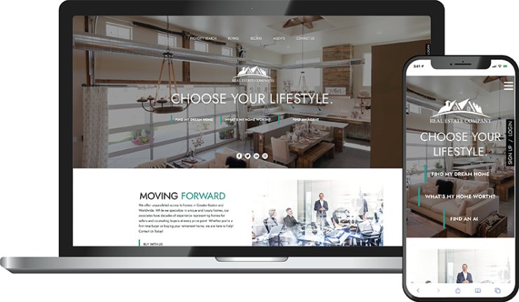 Fresh Frontier theme &mdash; a real estate homepage on laptop and phone with a modern loft interior hero and Choose your lifestyle headline.
