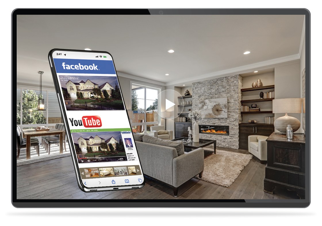 A Properties in Motion listing video shown on a phone over Facebook and YouTube, on a tablet displaying a staged living room.