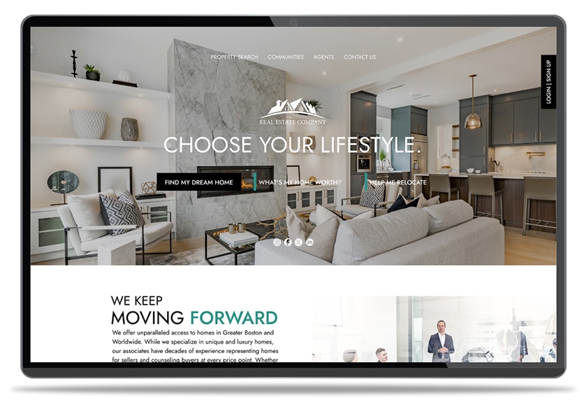 A Delta Media Group real estate website shown on a laptop — a luxury home hero with Property Search, Communities, and Agents navigation.