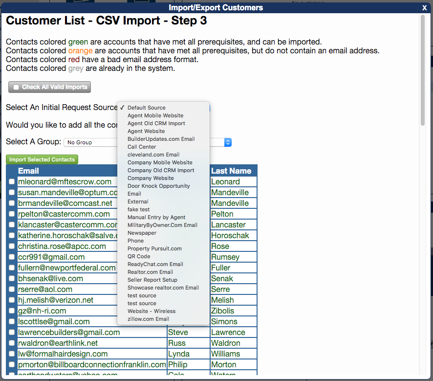 Agent Customer Import Screen