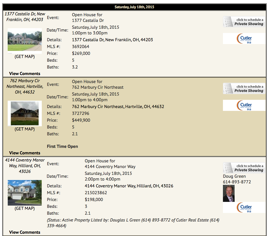 Open House Listings Display