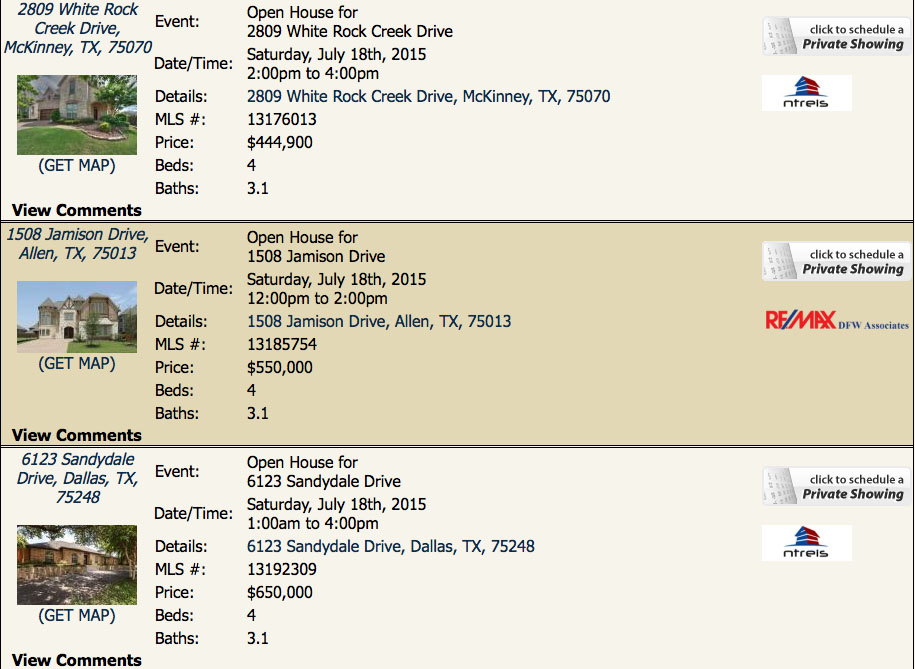 Open House Listings Display including MLS