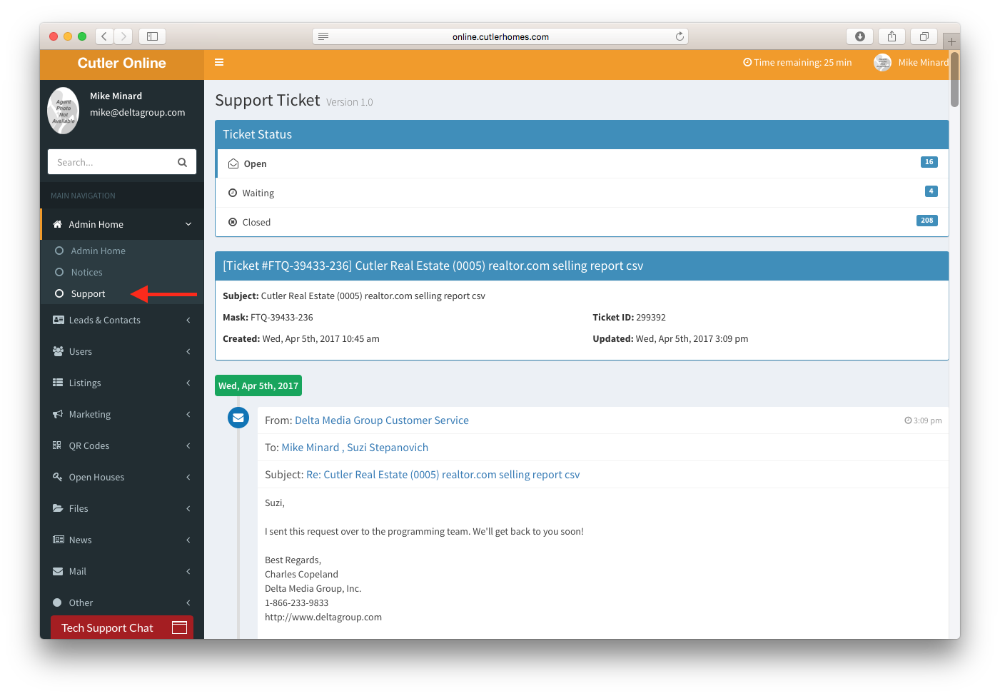 DeltaNet Support Ticket Detail on Desktop