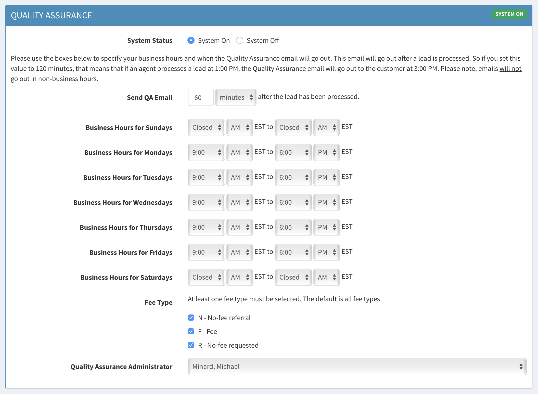 Quality assurance system settings screen shot