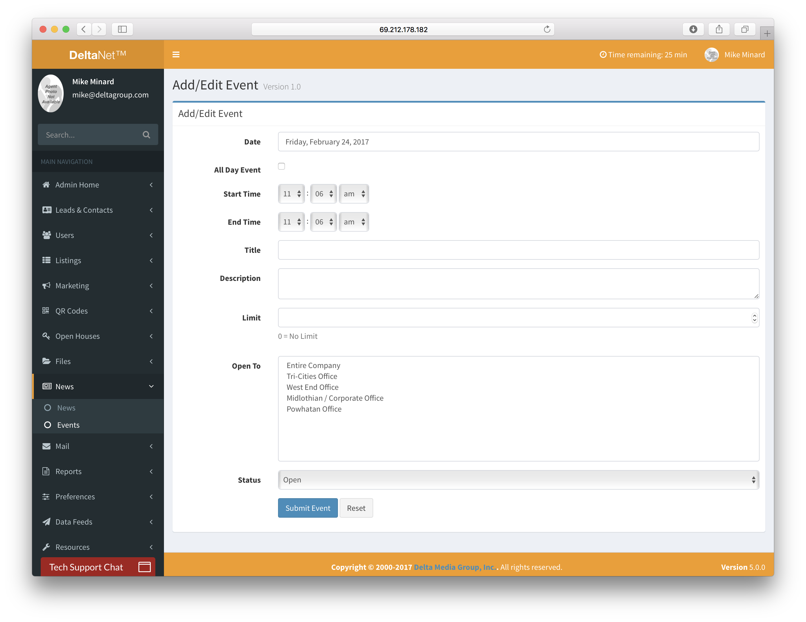 Event calendar event admin screen