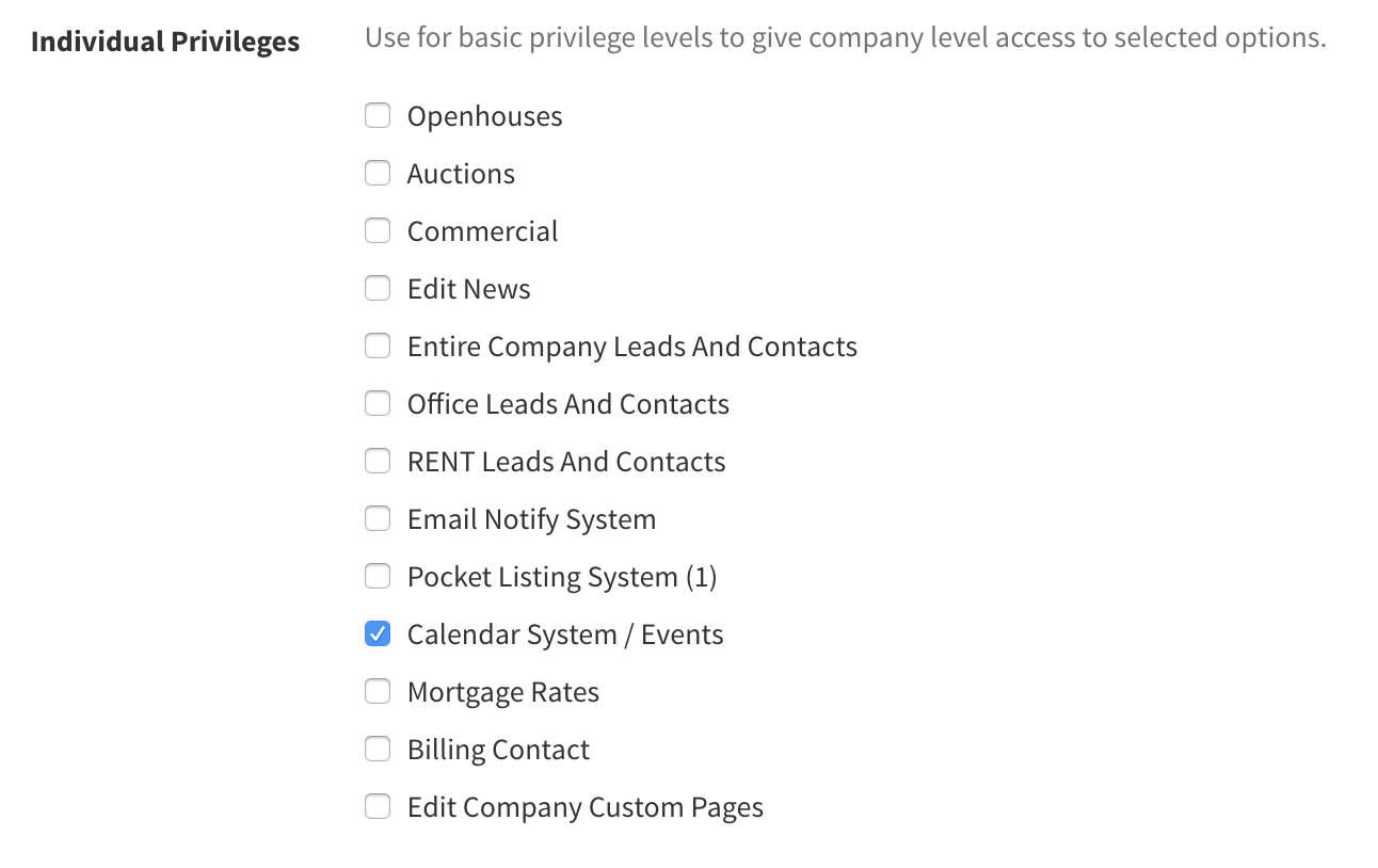 Calendar privilege setup screen shot